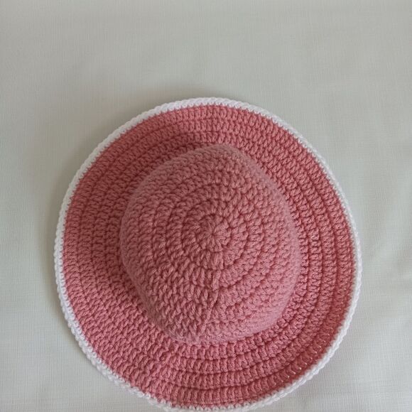 Cosmetic Pink with White Trim Handmade Acrylic Crocheted Summer Sun Hat One Size - Picture 9 of 12